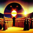 Robed figures gather around sun-like orb in surreal scene