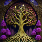 Enchanting illustration of magical tree with glowing orbs and whimsical castles under a starry night