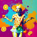 Vibrant abstract art featuring person, paint splatters, and citrus slices