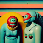 Surrealist artwork: Two eye-faced figures, warm striped background, small figure on top