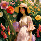 Woman in vintage dress and straw hat in vibrant floral garden