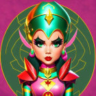 Exaggerated female character portrait with vibrant armor-like attire