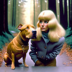 Blonde woman with dog in sweater in sunlit forest