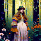 Vintage-dressed woman in mystical forest with bubbles and flowers