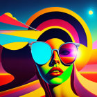 Colorful digital artwork of woman with sunglasses and abstract shapes