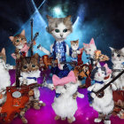 Whimsical cat band in cosmic setting with spotlighted cat