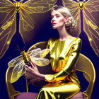 Woman in golden dress with stylized insect on hand amid luminous dragonflies