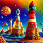 Vibrant lighthouses on rocky islands in surreal ocean scene