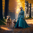 Blonde woman walks two dogs in teal coat on autumn forest path