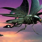 Mechanical dragonflies in purple sunset sky artwork