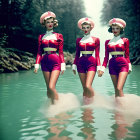 Vintage-style female figures in red and purple uniforms standing in misty forest water.