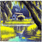 Tranquil landscape with moss-covered trees and chapel by serene water