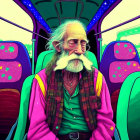 Elderly man with long white beard on colorful bus