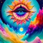 Colorful Digital Artwork: Central Eye, Fiery Petals, Cosmic Background