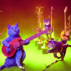 Colorful Neon-Lit Music Studio with Cats Playing Instruments