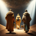 Three individuals in regal ancient attire carrying chests, traverse a starlit desert night.