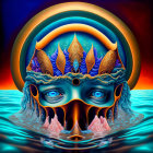 Surreal artwork: Face with multiple eyes in water, ornate headgear, fiery skies,