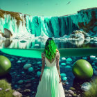 Woman with Green Hair in White Dress in Surreal Landscape with Teal Waterfalls, Green Spheres