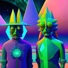 Futuristic stylized figures in pointy hats on colorful alien landscape