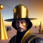 Stylized man with golden hat in desert landscape with golden structures