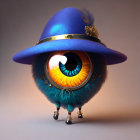 Whimsical 3D character with central eye, blue fur, fancy hat, and brown shoes