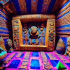 Vibrant Egyptian-themed room with hieroglyphs, pharaoh statues, sarcophagi,