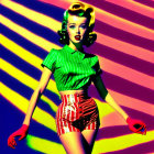 Vibrant pop art illustration of retro-inspired female with wavy hair and colorful attire on rainbow backdrop