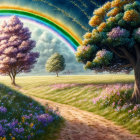 Colorful Trees, Purple Flowers, Double Rainbow in Vibrant Landscape