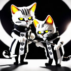 Two animated cats with black and white stripes holding scissors and a whip, backlit by a circular glow