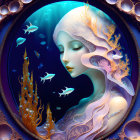 Fantastical underwater portrait of a woman with coral-like hair and fish in circular frame.