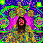 Bearded person in pink sunglasses with long hair, wearing vibrant yellow shirt amidst swirling fractal designs