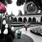 Whimsical black and white garden with oversized tulips, colorful gnomes, round windows,