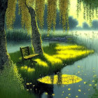 Tranquil lakeside view with wooden bench, willow tree, and sun-dappled grass