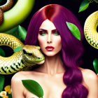 Woman with Purple Hair, Green Eyes, Snakes, and Leaves on Dark Background