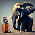 Golden-toenailed elephant enjoying music on vintage stereo in surreal desert scene