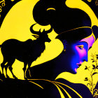 Colorful Silhouette Illustration: Goat, Moon, and Person Profile Integration