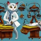 Anthropomorphic cat doctor treats patient cat on operating table