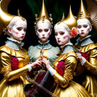 Four individuals in ornate gold and white costumes with dramatic makeup, crowns, and wing-like accessories