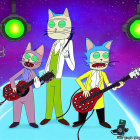 Three anthropomorphic cats in band performing on stage with guitars and singing under green spotlights.