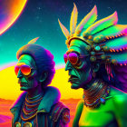 Stylized Native American figures with feather headdresses in alien landscape