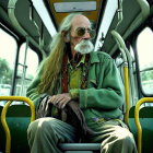 Elderly man with gray beard and sunglasses on bus with cane