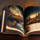 Surreal illustration of a nighttime village scene in an open book