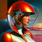 Stylized portrait of woman in futuristic red helmet against sunset sky