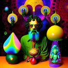 Colorful Psychedelic Portrait with Bearded Figure and Kaleidoscopic Glasses