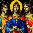 Byzantine art: Three figures in halos, blue and gold robes