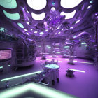 Futuristic Medical Facility with Neon Purple Lighting and Robotic Arms