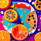 Colorful Abstract Artwork Featuring Citrus Fruit Slices and Paint Splatters