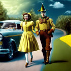 Stylized image of woman and man in colorful outfits on road with vintage car