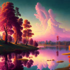 Tranquil sunset scene: pink and orange hues, calm lake, lush trees.