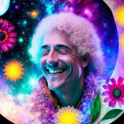 Colorful Digital Portrait of Smiling Person with Cosmic Elements